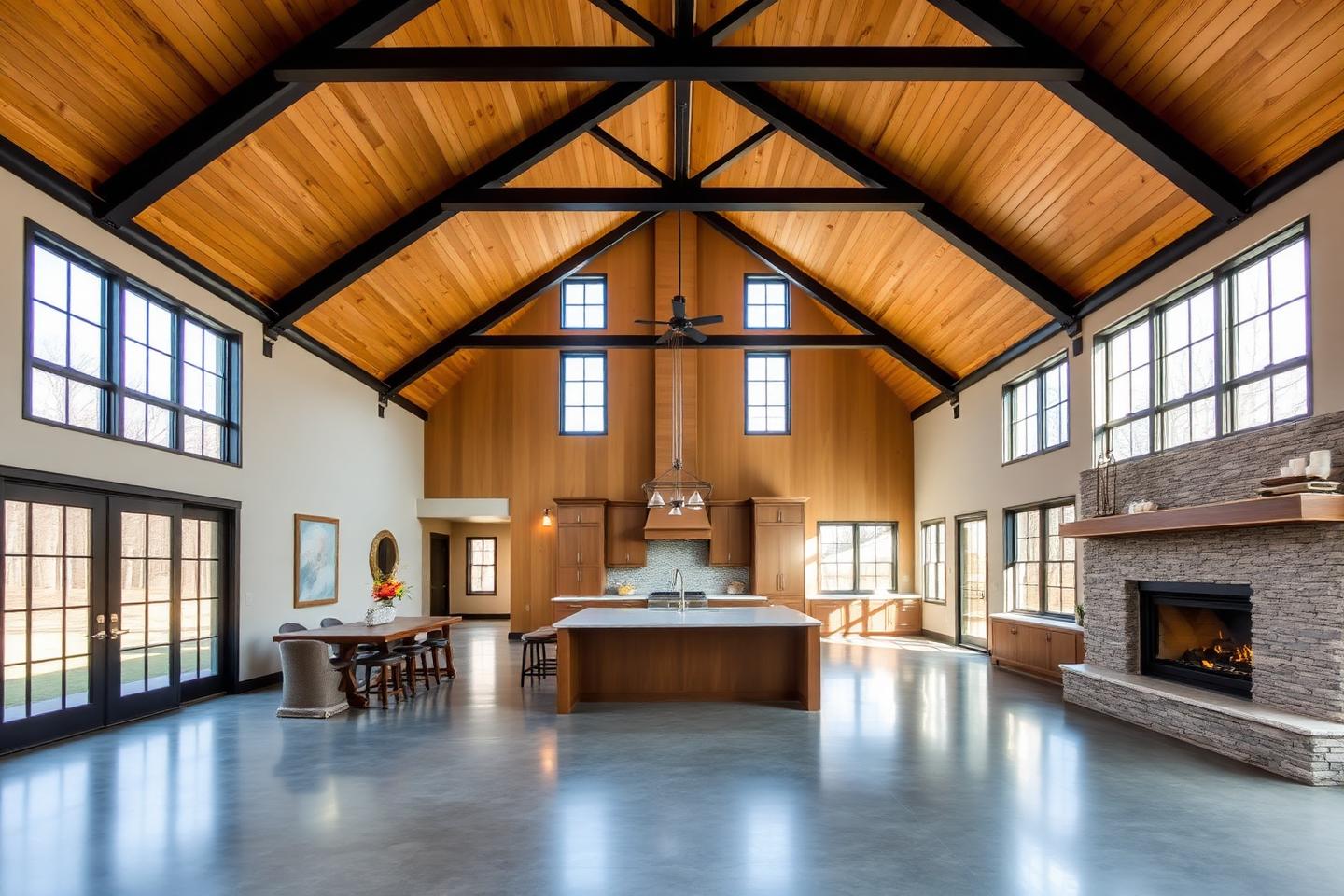 Concept image of a barndominium great room with vaulted wood ceiling, steel beams and an open kitchen