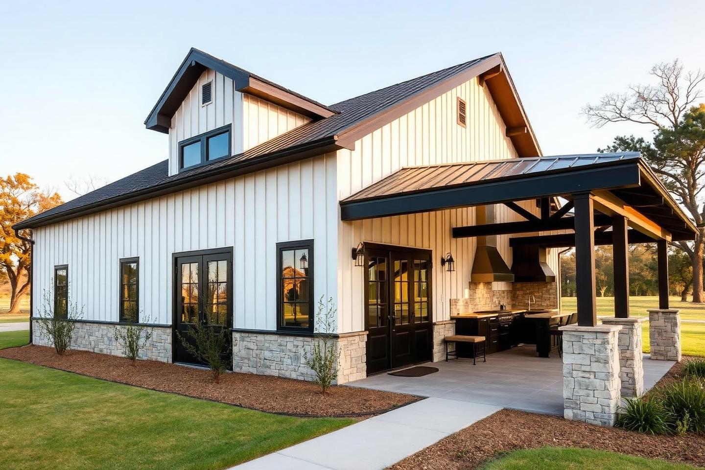 Concept image of a modern barndominium with white metal siding, black trim and a covered patio