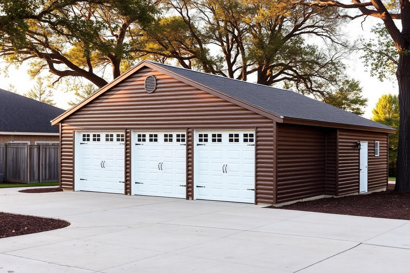 Concept image of a detached three-bay metal garage with white overhead doors and a concrete driveway